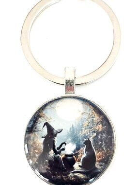 Witch Black Cat Keychain Moon Magic Halloween Gothic Fantasy Silver Tone Gift